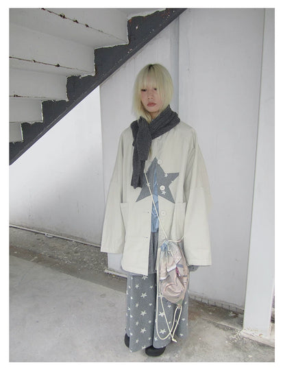 Star Print Mid-Length Button Cardigan