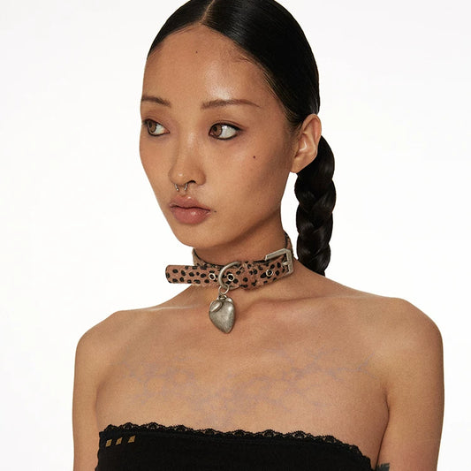 Leopard Print Heart Pendant Choker worn view