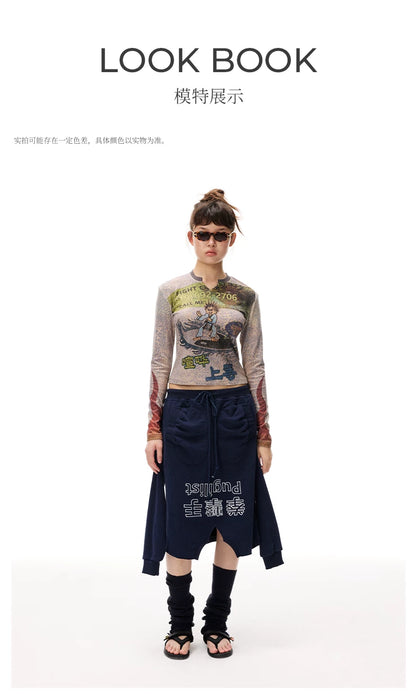 Detachable Sleeve Distressed Midi Skirt