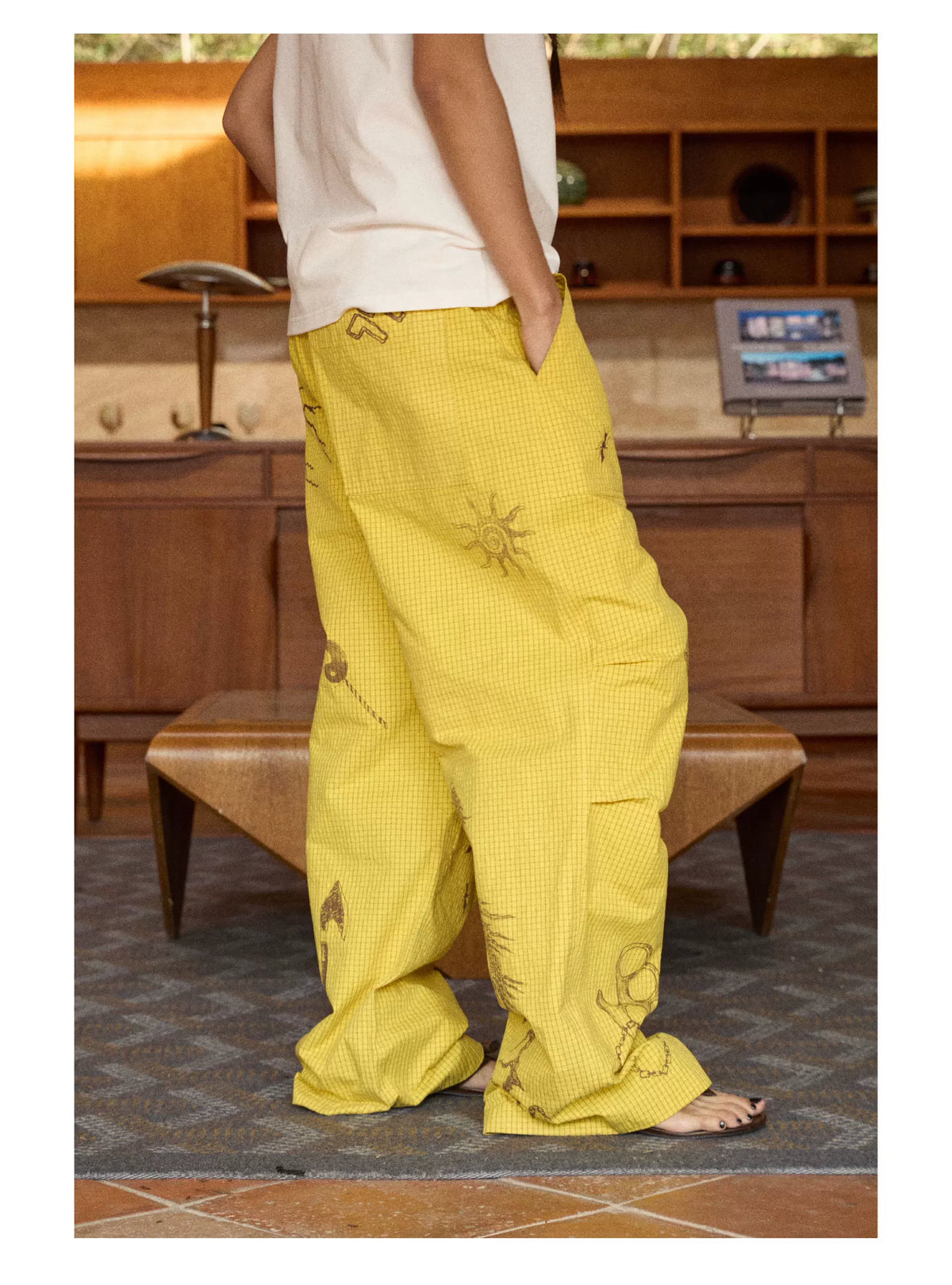 Hand-Drawn Print Wide-Leg Cargo Pants product photo