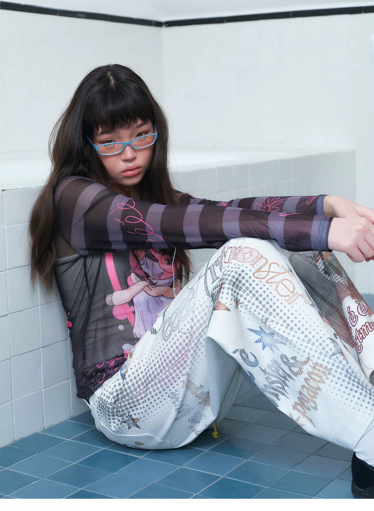 Printed Mesh Sleeve Long Sleeve Top