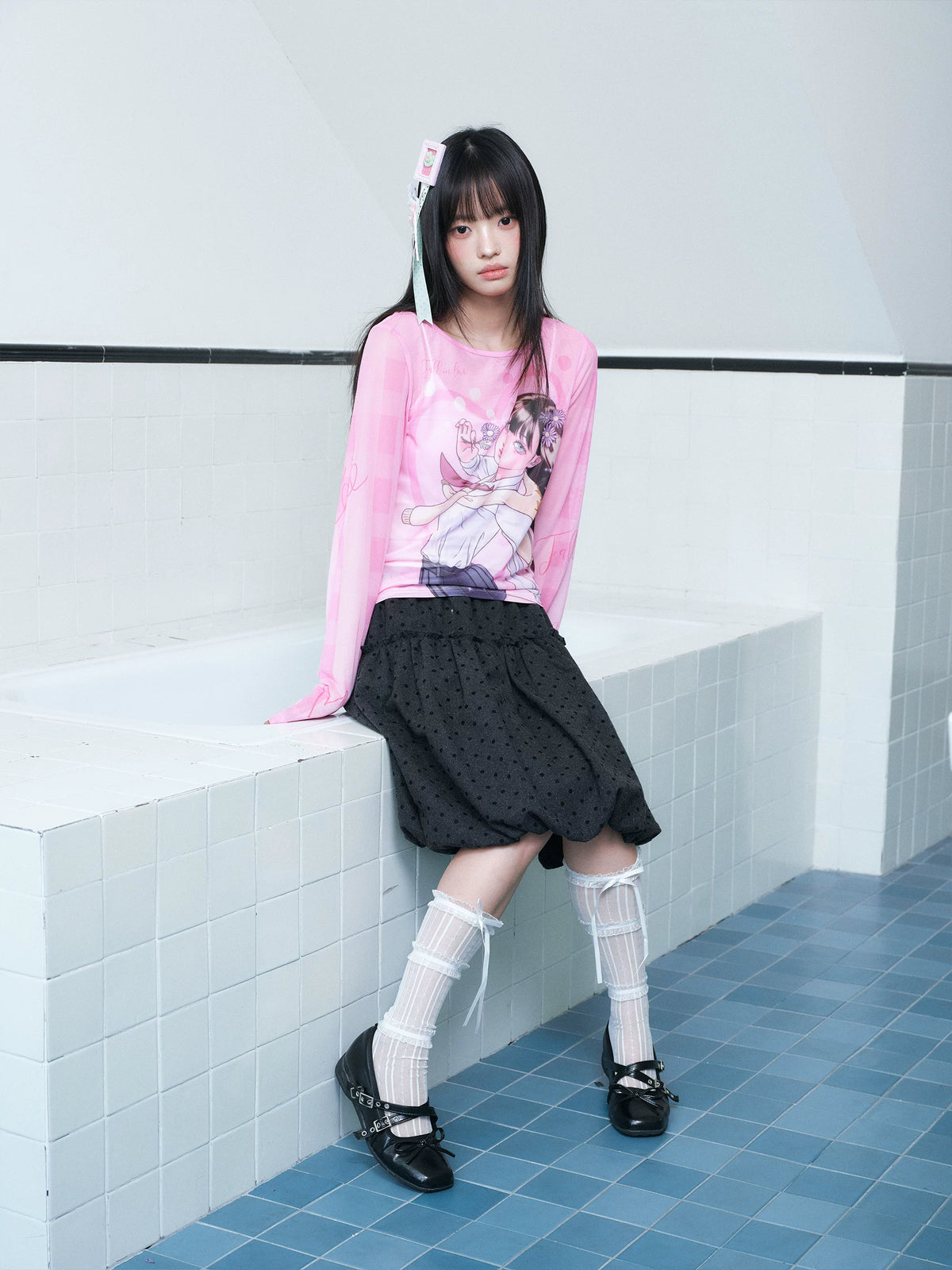 Printed Mesh Sleeve Long Sleeve Top
