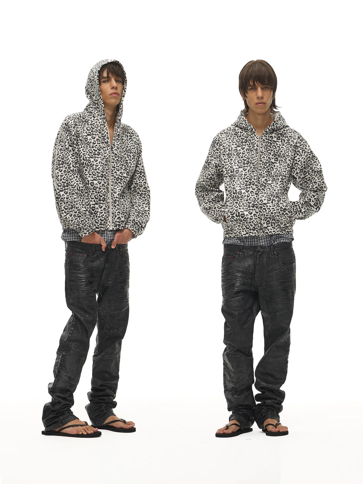 Leopard Sequin Cotton Zip Hoodie — White color worn with jeans