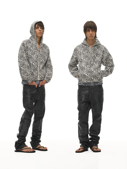 Leopard Sequin Cotton Zip Hoodie — White color worn with jeans