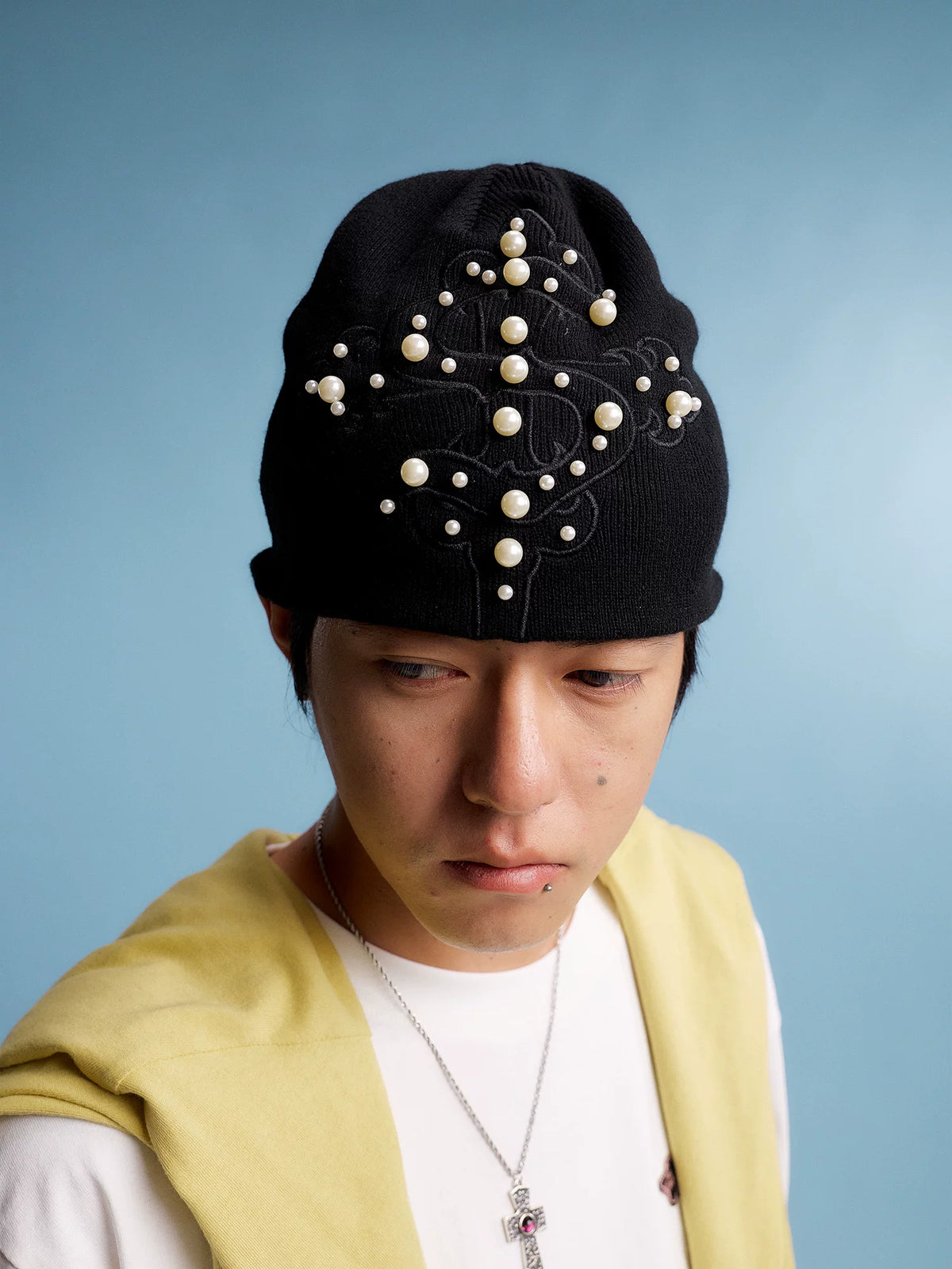Pearl Cross Embroidered Knit Beanie in black