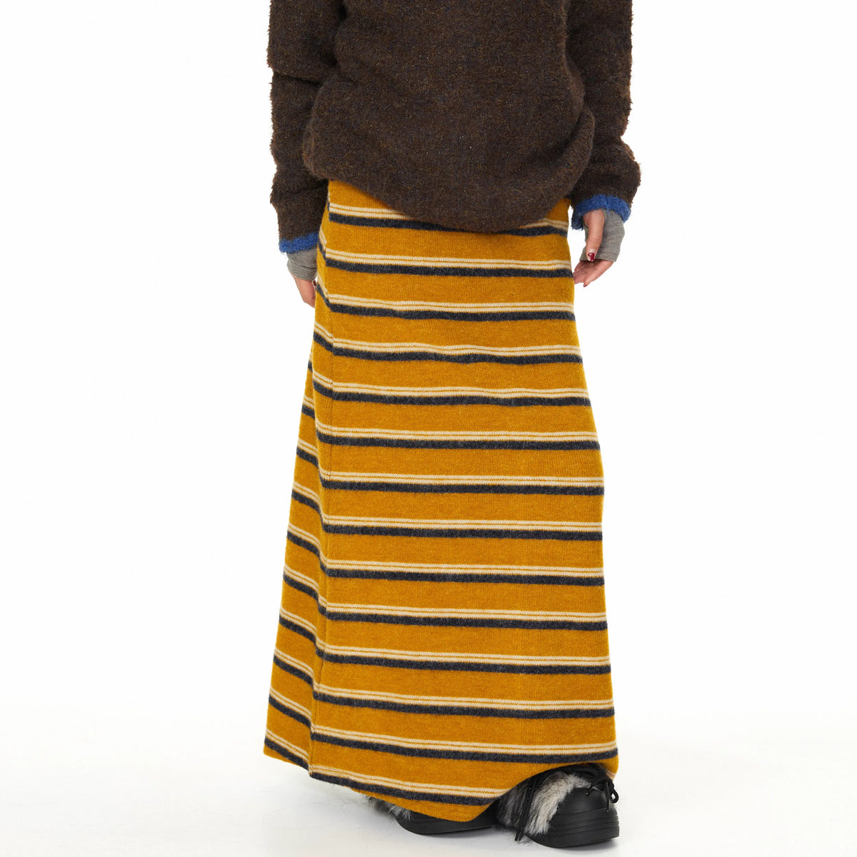Mustard Striped Knit Midi Skirt in mustard yellow