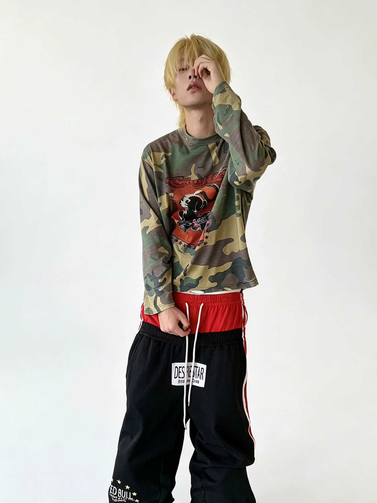 Model wearing the shirt, full front view