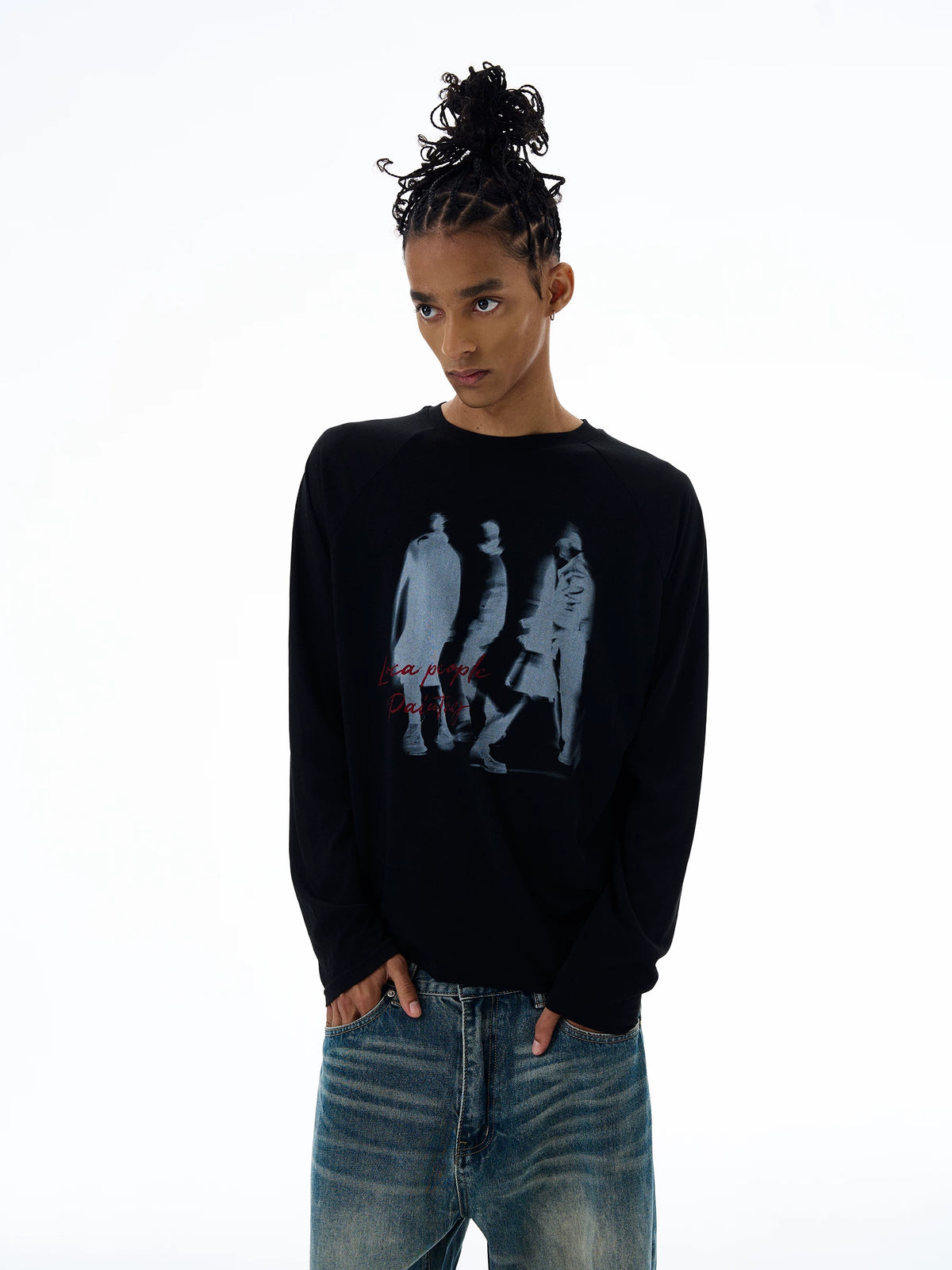 Black graphic T-shirt, front view