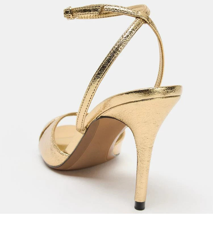 Women's Gold Open Toe Stiletto Ankle Strap Sandals