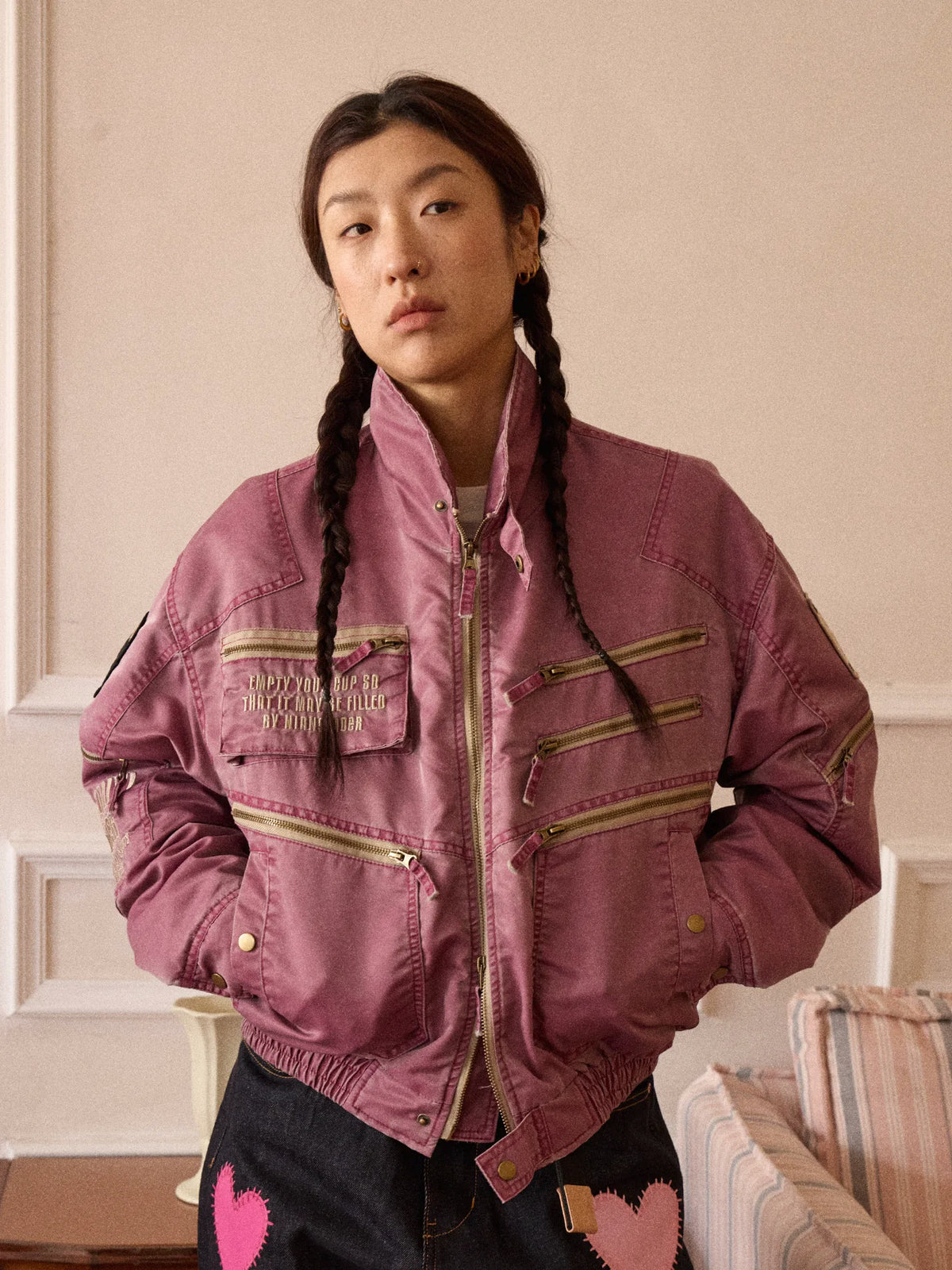 Washed Quilted Patch Embroidered Jacket