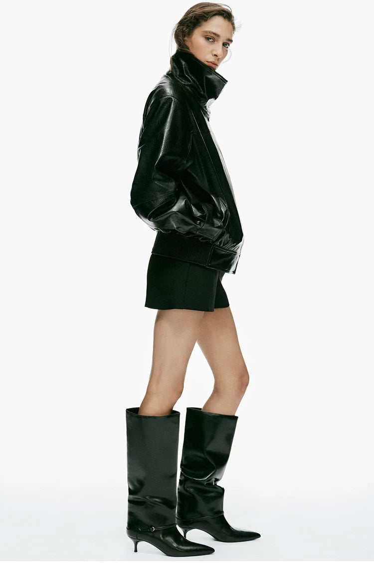Women's Pointed Toe Kitten Heel Wide-Shaft Boots