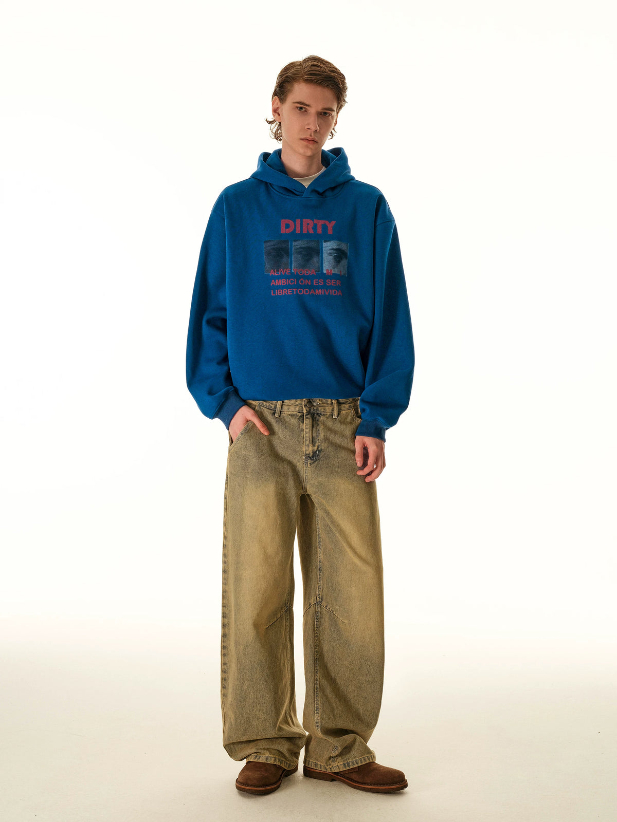 Blue graphic hoodie, full-length view