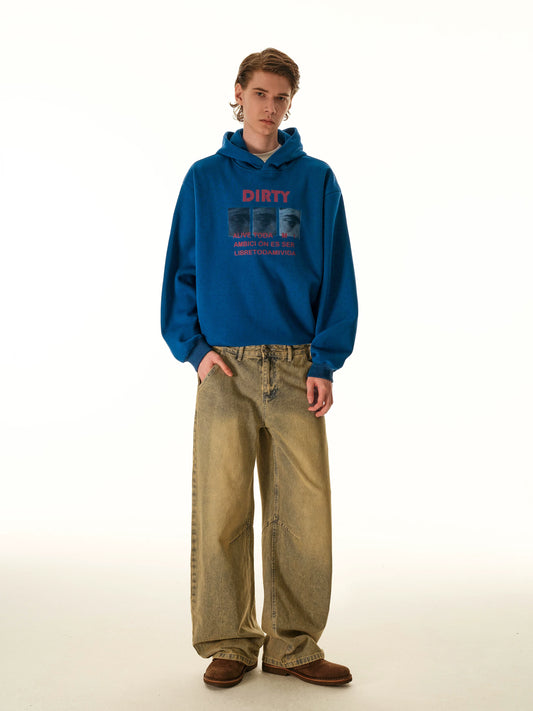 Blue graphic hoodie, full-length view