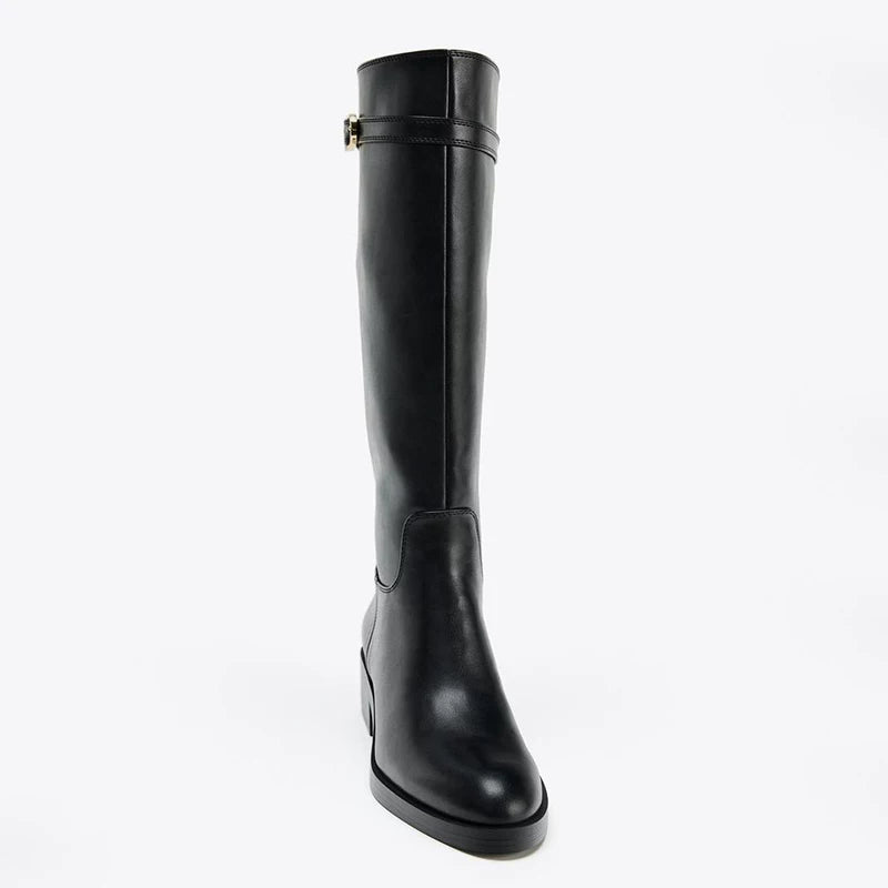 Women's Buckle Block Heel Riding Knee-High Boots
