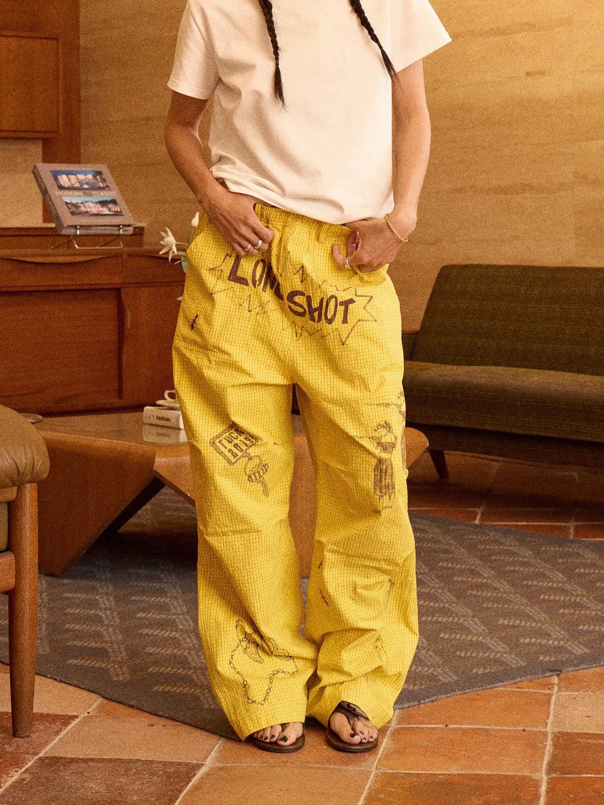 Hand-Drawn Print Wide-Leg Cargo Pants product photo