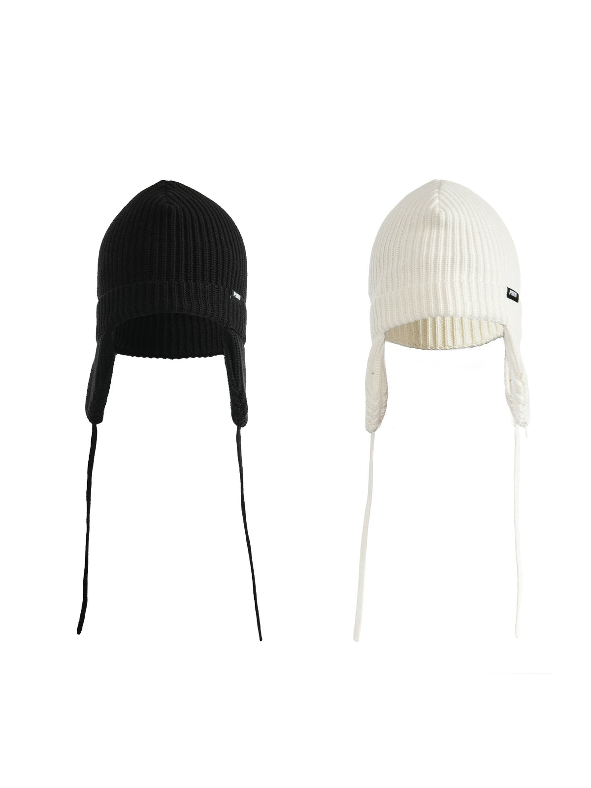 Black and white rib-knit earflap hat color options