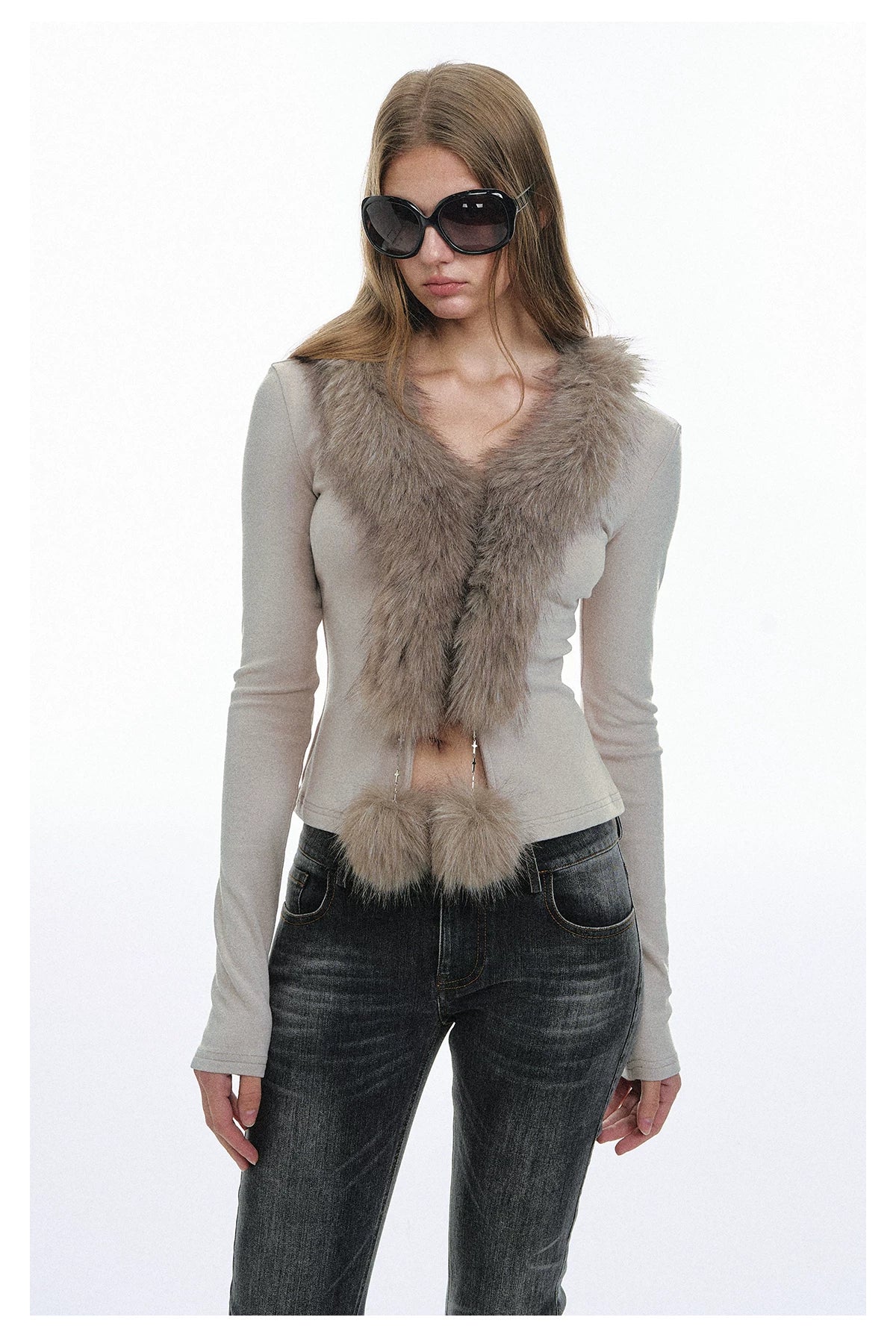 Faux-Fur Trim Knit Cardigan