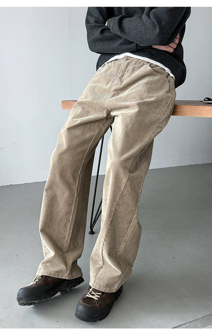 Khaki cotton corduroy straight leg pants, front view