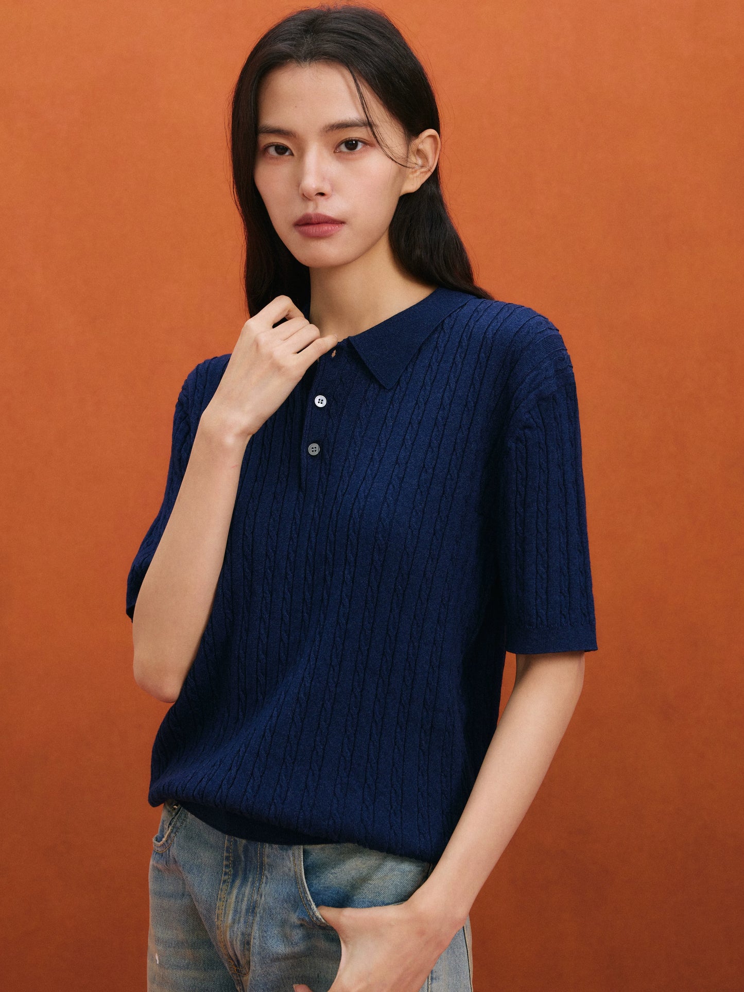 Relaxed Wool-Blend Cable Knit Polo Shirt