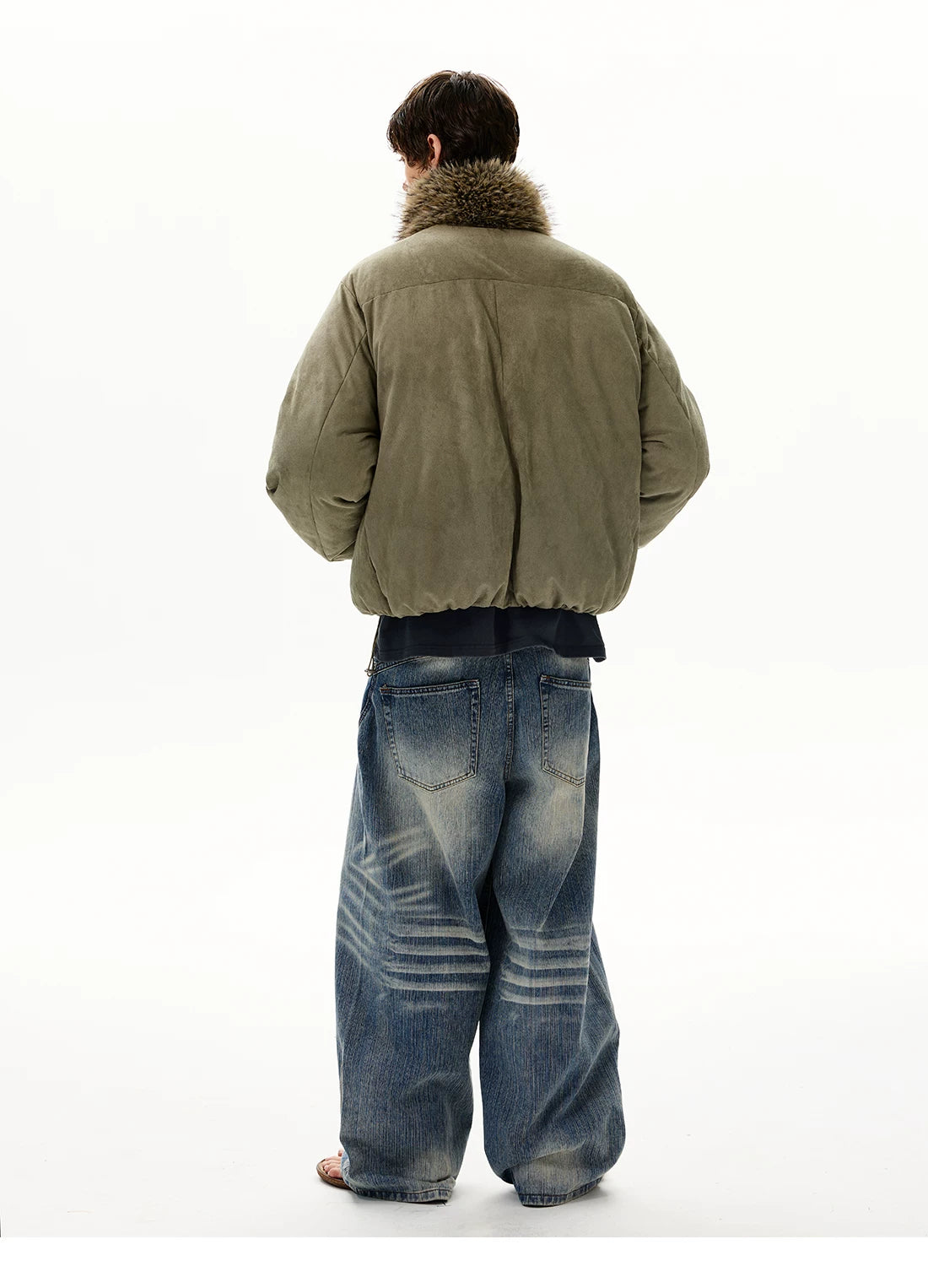 Olive padded jacket with detachable shaggy collar, back view