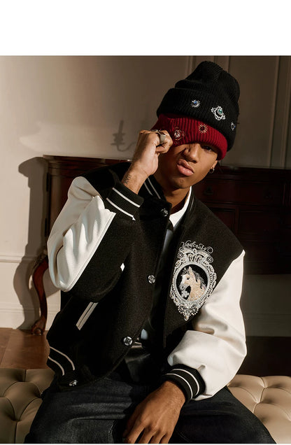 Red embroidered knit beanie worn with a jacket