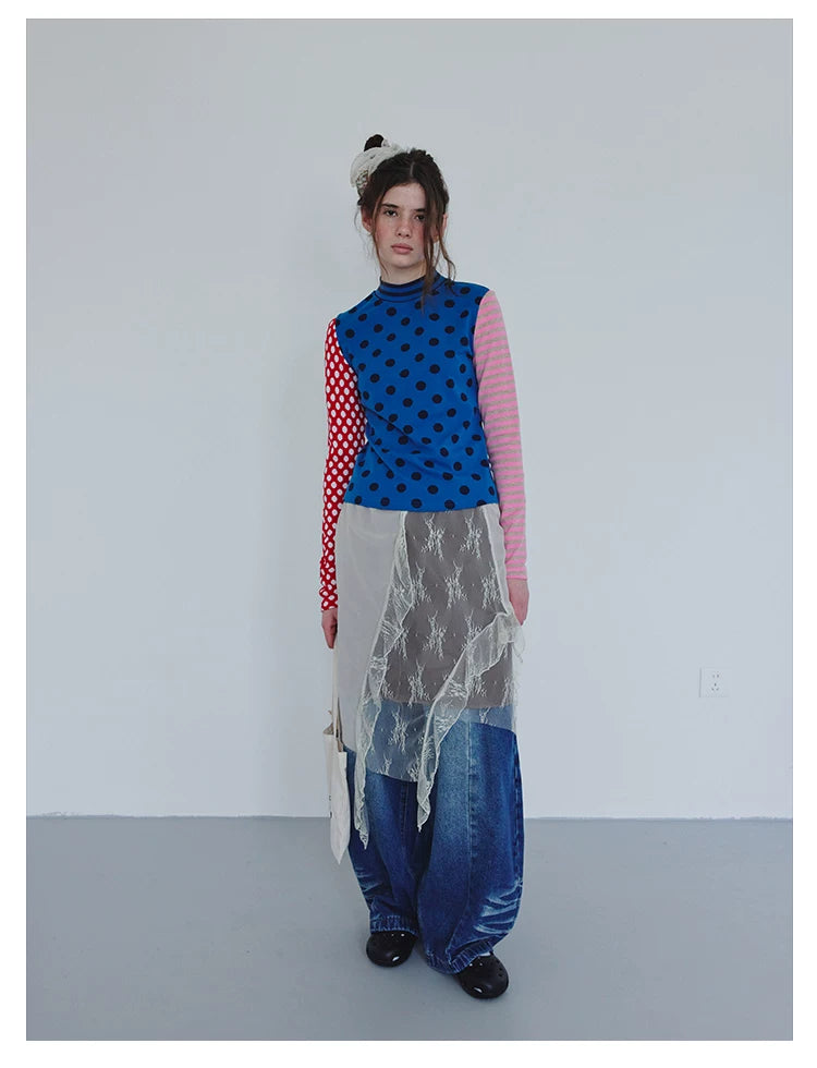 Blue Polka Dot Stripe Colorblock Long-Sleeve Tee