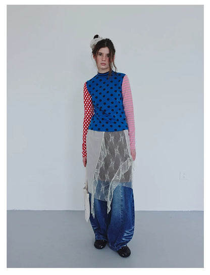 Blue Polka Dot Stripe Colorblock Long-Sleeve Tee