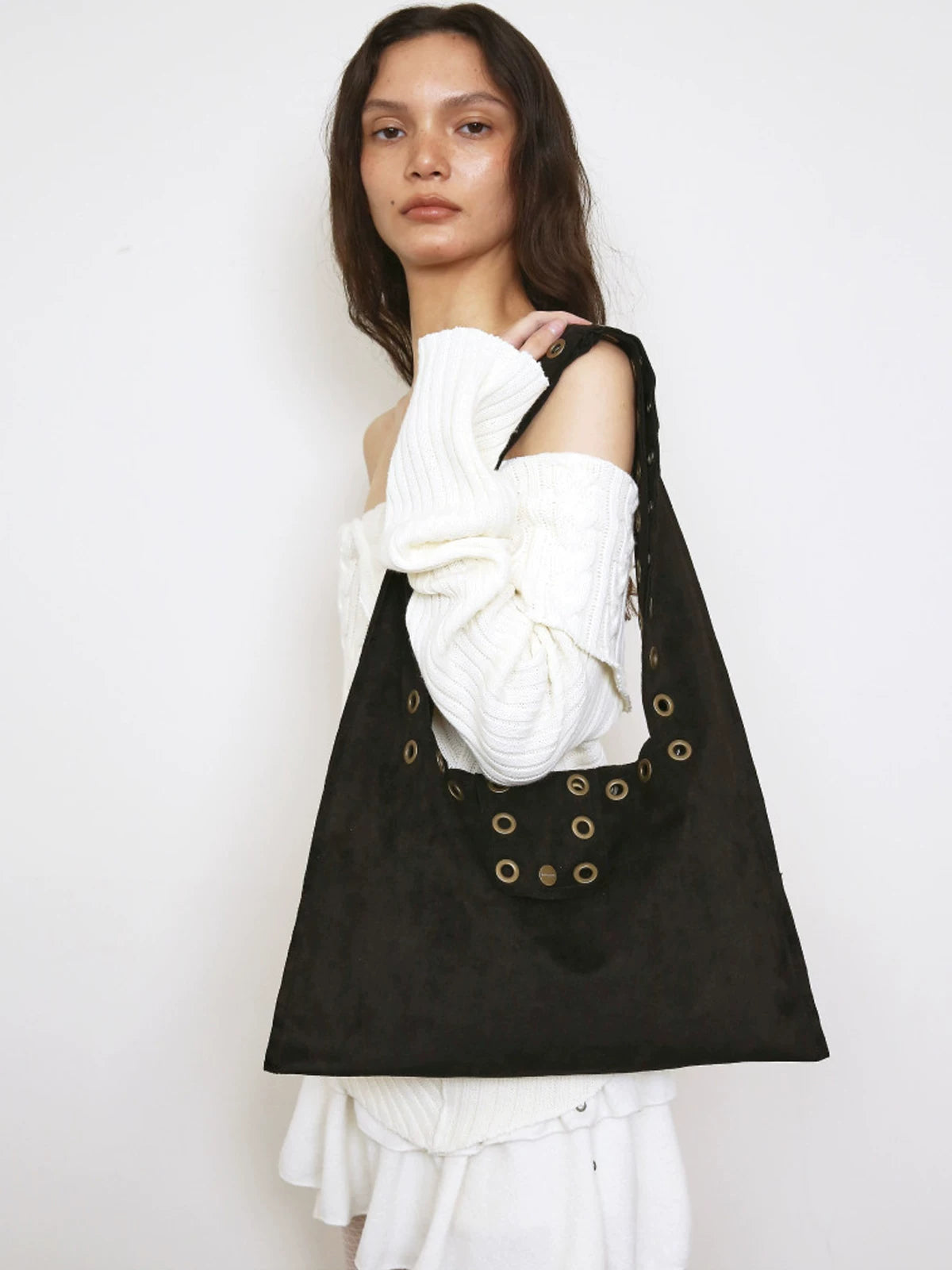 Grommet Suede-Look Shoulder Tote Bag product photo