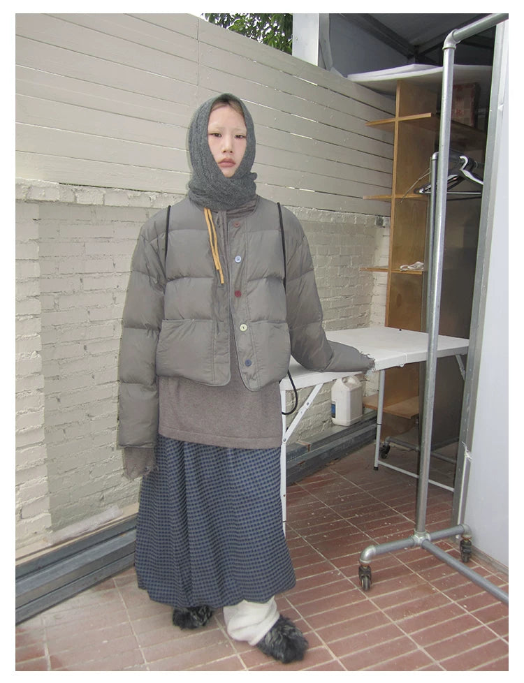 Grey Cropped Stand-Collar Down Jacket