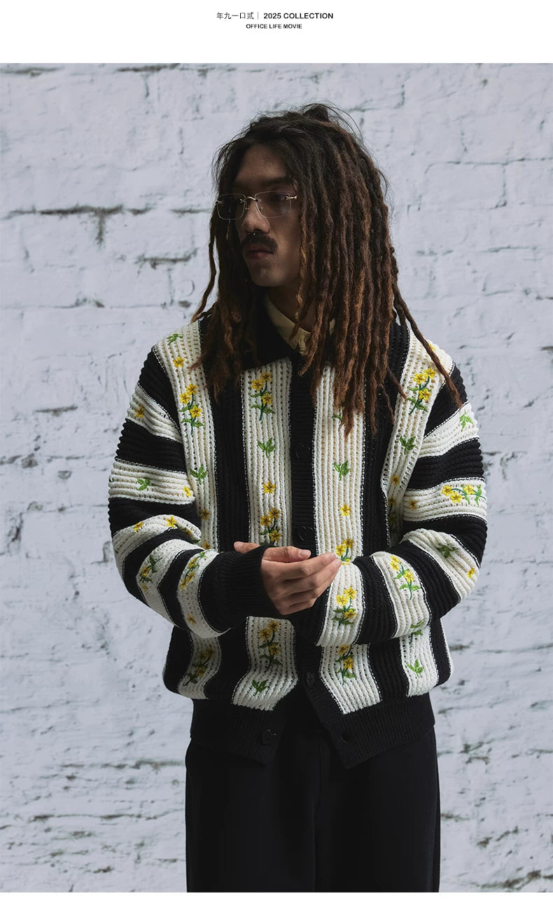Contrast Floral Embroidered Cardigan