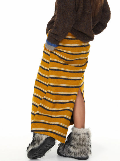 Mustard Striped Knit Midi Skirt in mustard yellow