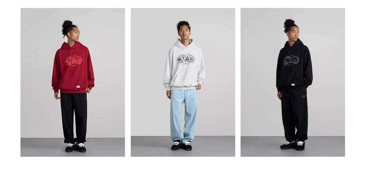 Raised Dragon Print Relaxed Pullover Hoodie