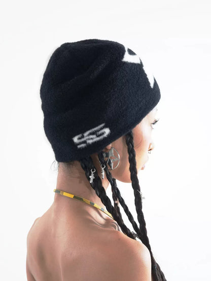 Split Black and White Star Faux Mohair Beanie back view