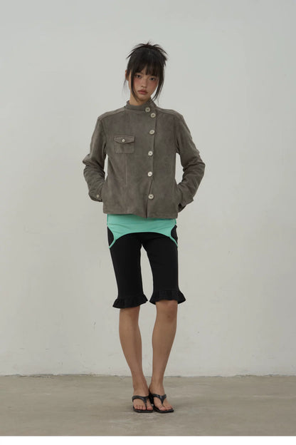 Asymmetric Button Faux Suede Jacket