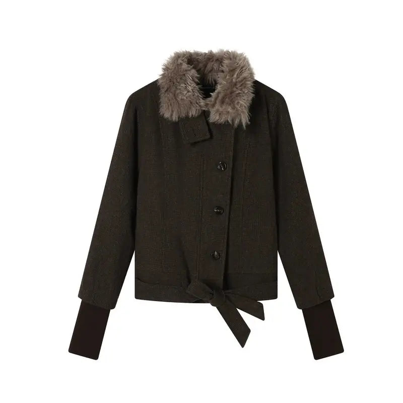 Brown jacket with fur collar, front product view