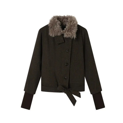 Brown jacket with fur collar, front product view