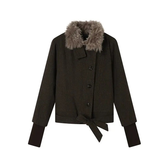 Brown jacket with fur collar, front product view