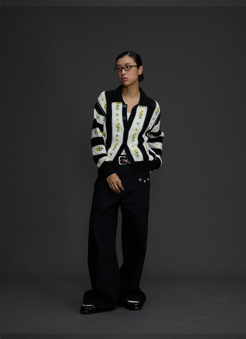 Contrast Floral Embroidered Cardigan