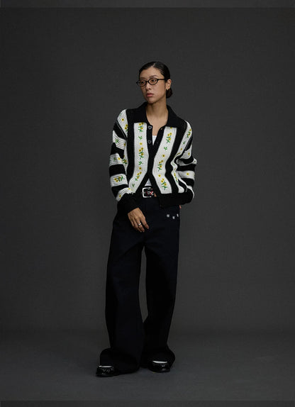 Contrast Floral Embroidered Cardigan