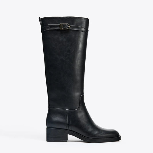 Women's Buckle Block Heel Riding Knee-High Boots