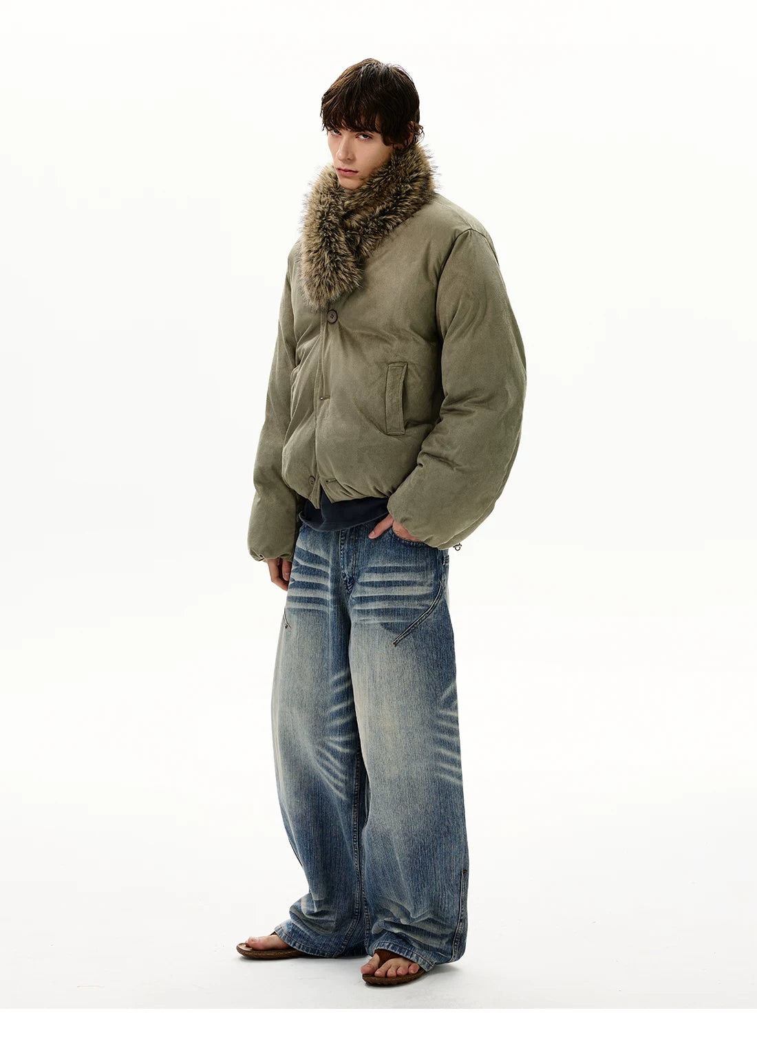 Olive padded jacket with detachable shaggy collar, side view