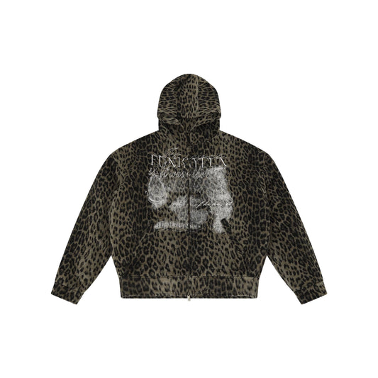 Distressed Leopard Print Padded Hooded Jacket