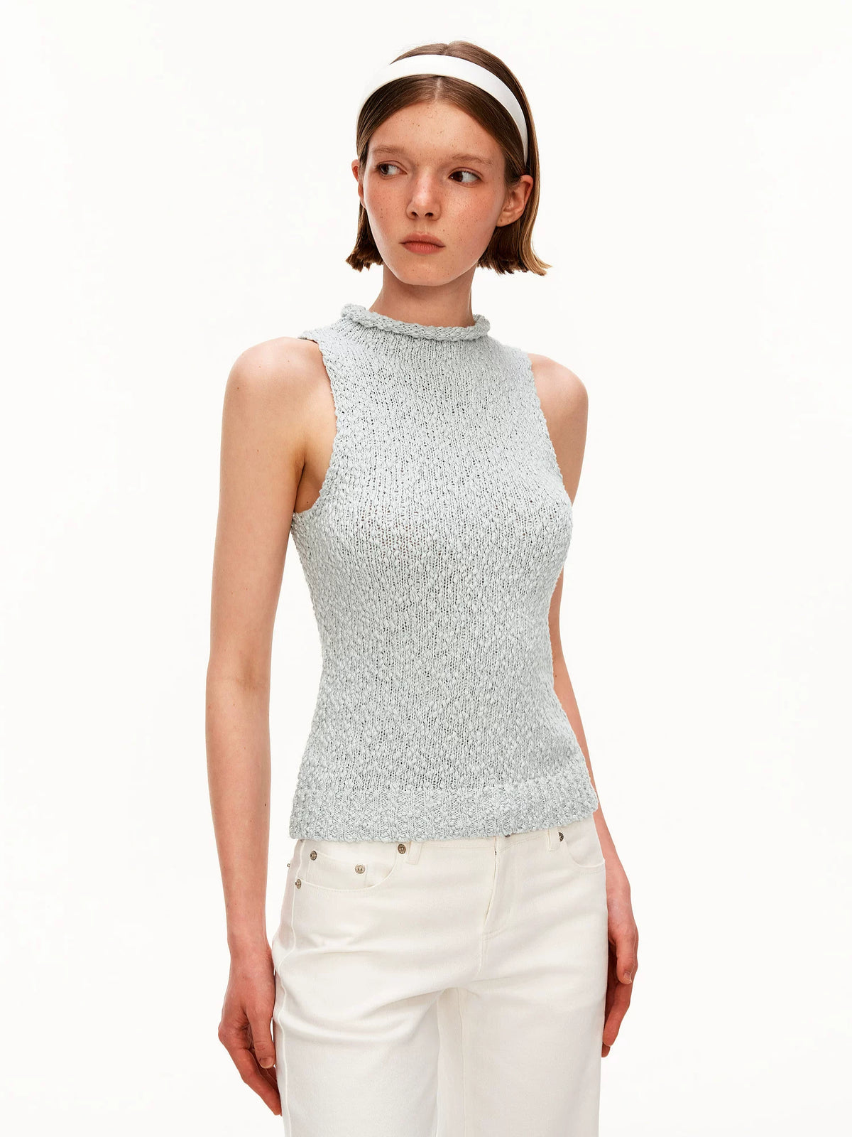 High Neck Textured Cotton Knit Tank Top - 360 view 11