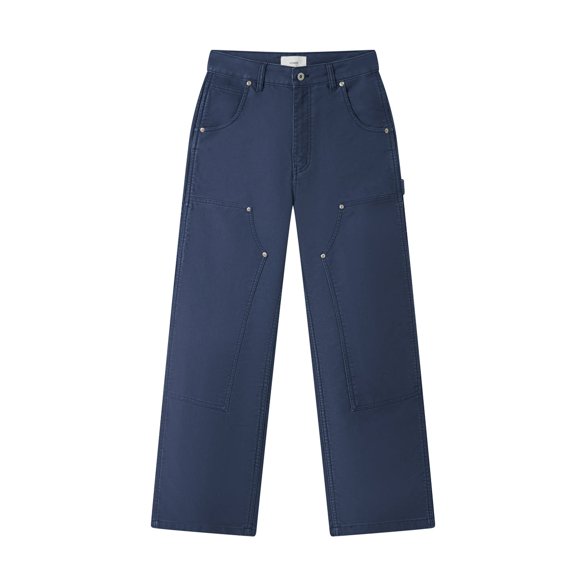 Blue cotton moleskin double-knee pants on a white background