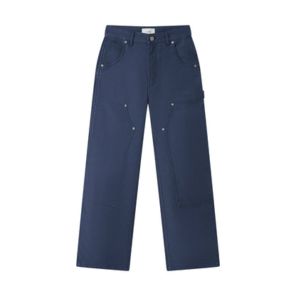Blue cotton moleskin double-knee pants on a white background