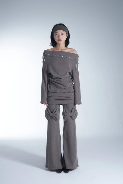 TROPICEYE Off-Shoulder Knit Mini Dress — Camel Grey