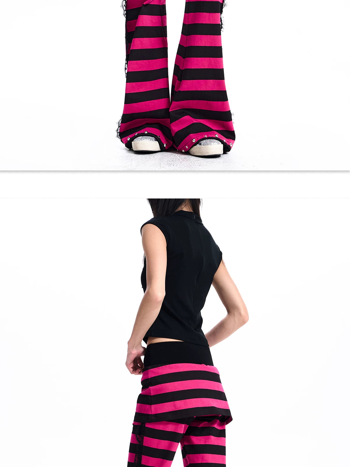 Striped Lace-Trim Flare Pants