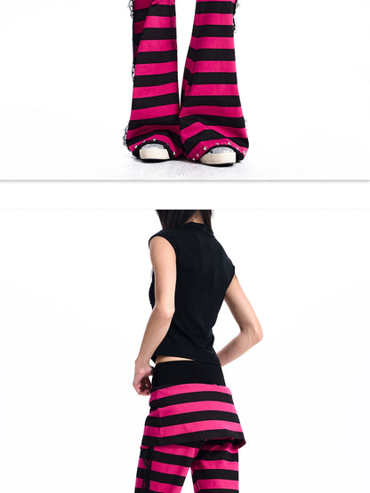 Striped Lace-Trim Flare Pants