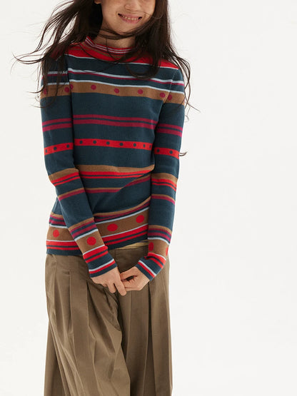 Striped knit sweater in navy, red and green, knit detail