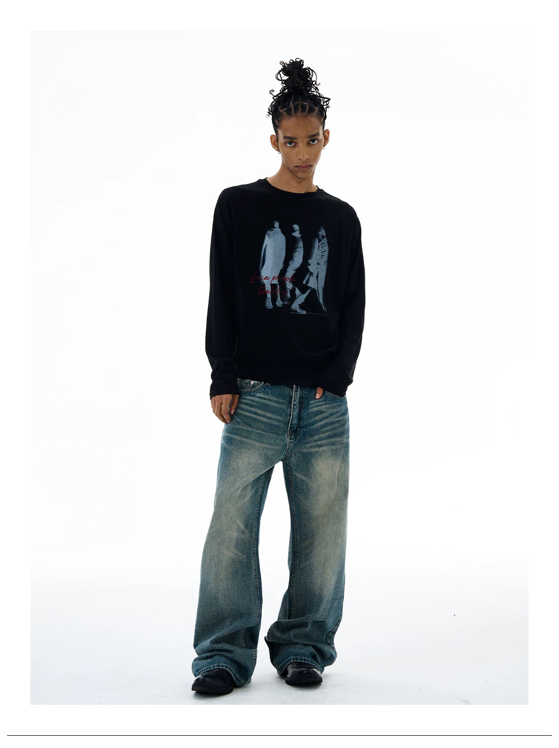 Black graphic long sleeve T-shirt, full view
